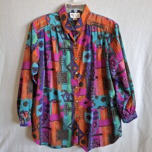 Vtg 90s Maggie Sweet Geometric Blouse Shirt L Paisley Abstract Art to Wear USA